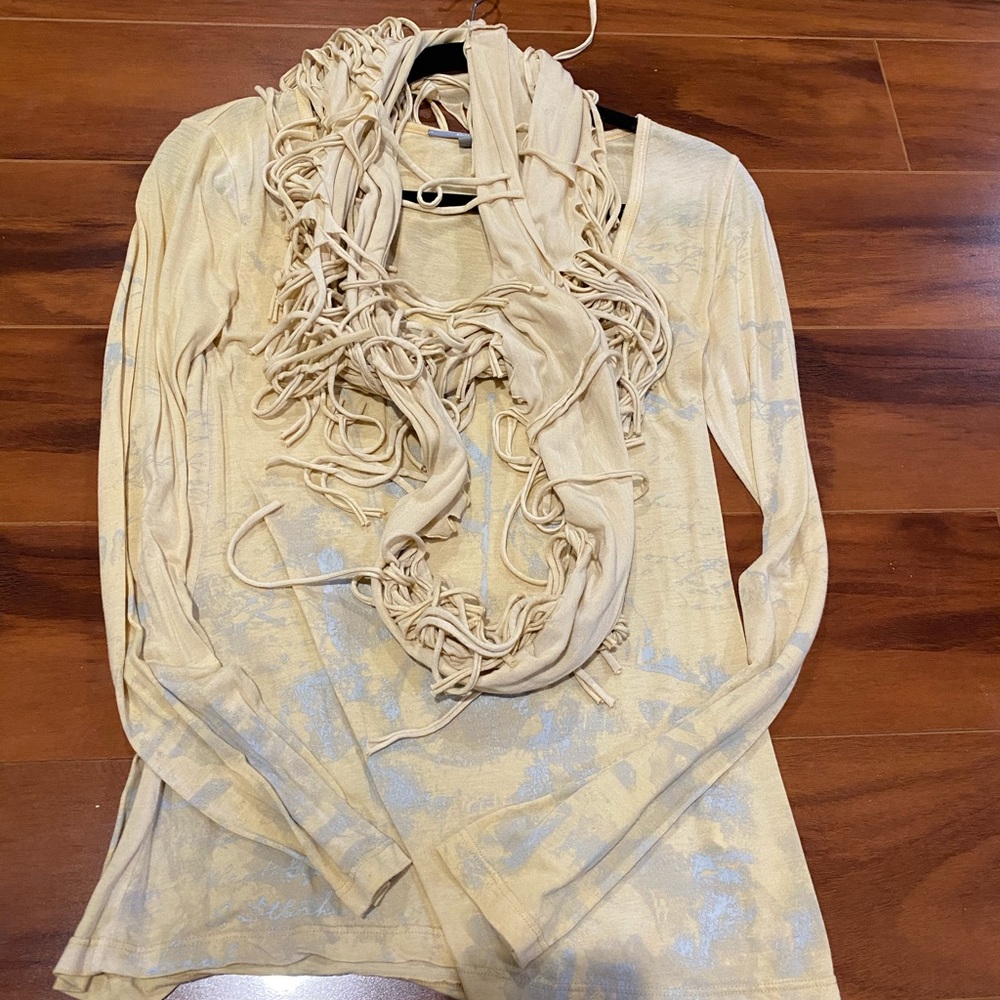 Long sleeve top with fringe scarf
